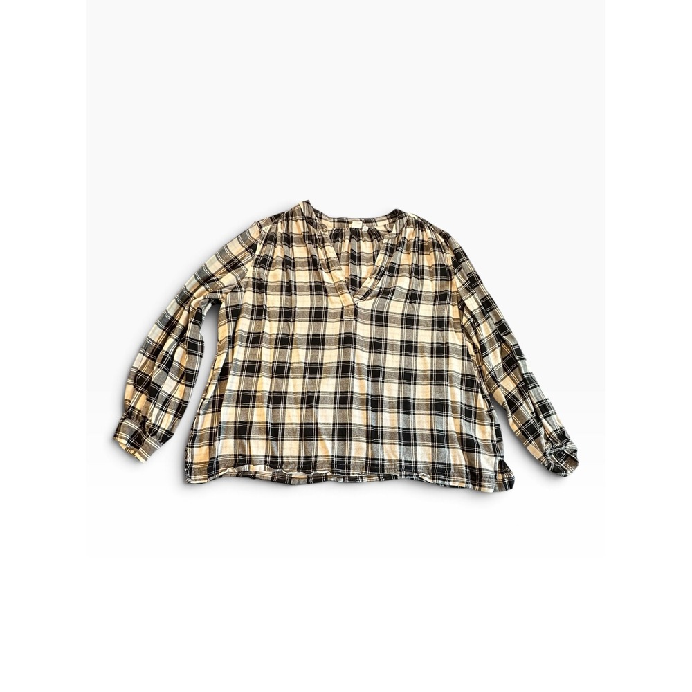 Gap Plaid V-Neck Blouse Womens XXL Black Cream Long Sleeve Top